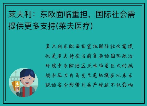 莱夫利：东欧面临重担，国际社会需提供更多支持(莱夫医疗)