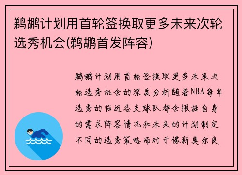 鹈鹕计划用首轮签换取更多未来次轮选秀机会(鹈鹕首发阵容)