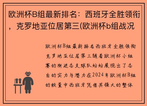 欧洲杯B组最新排名：西班牙全胜领衔，克罗地亚位居第三(欧洲杯b组战况)