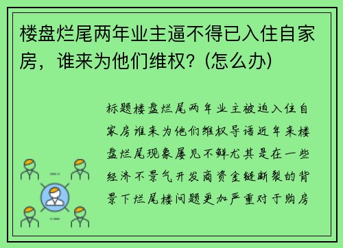 楼盘烂尾两年业主逼不得已入住自家房，谁来为他们维权？(怎么办)